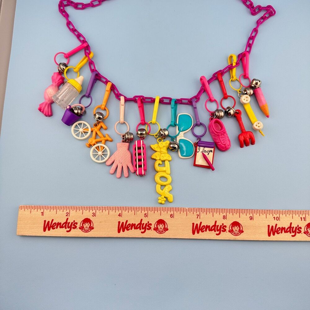 1980s Vintage Bell Clip Charm Necklace 19 Plastic Charms Pink Chain Retro Kid - Picture 9 of 14